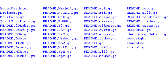 {\footnotesize\texttt{\protect\leavevmode{\color{blue}{
\begin{longtable}{l \ver...
...\
README.Mach32.gz & README.apm.gz & README.mouse.gz & \\
\end{longtable}}}}}